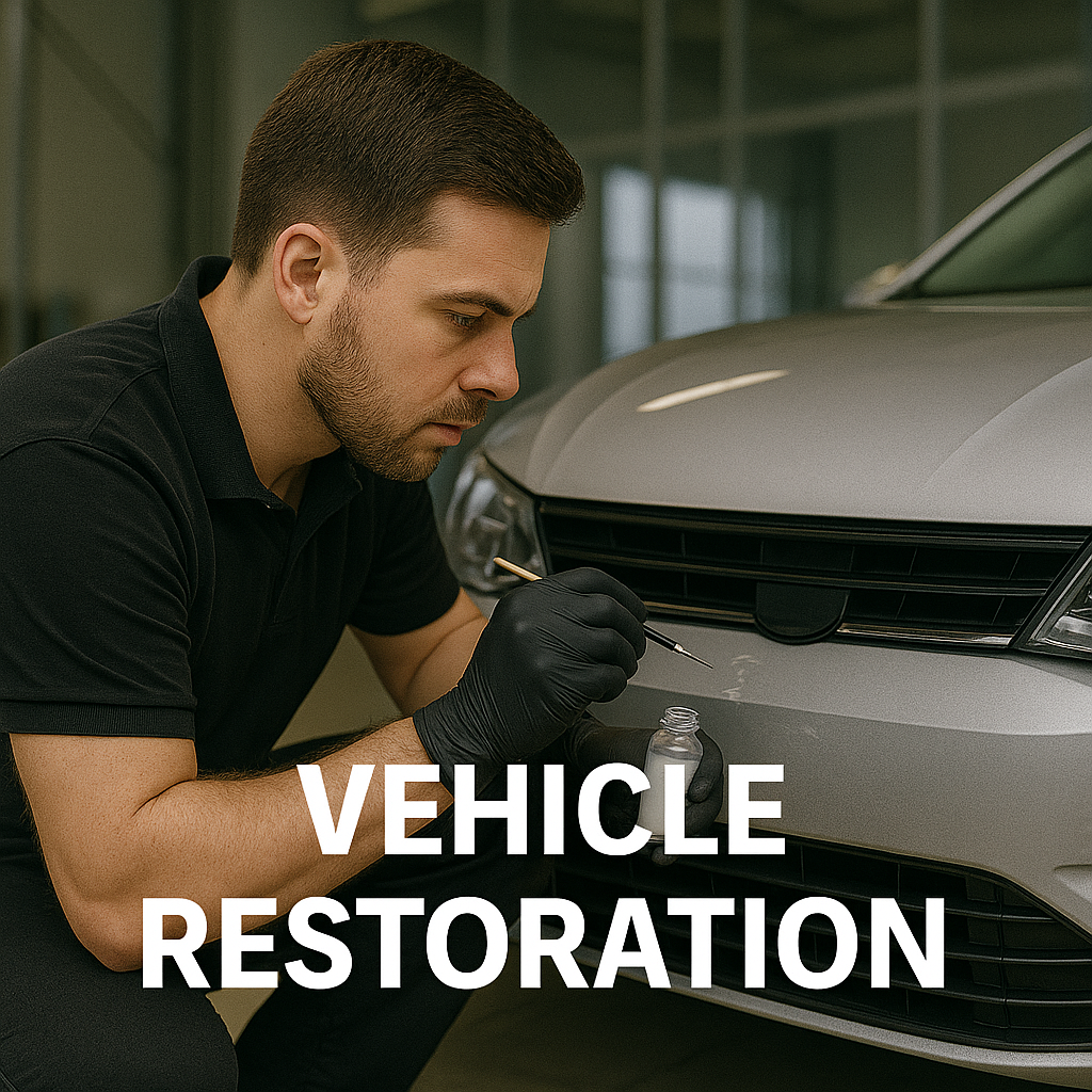 Auto technician applying touch-up paint to a scratch on a silver car’s front bumper
