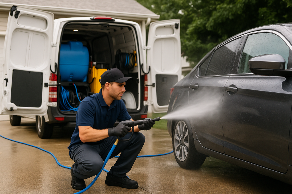 Mobile car wash technician using a pressure washer to clean a sedan