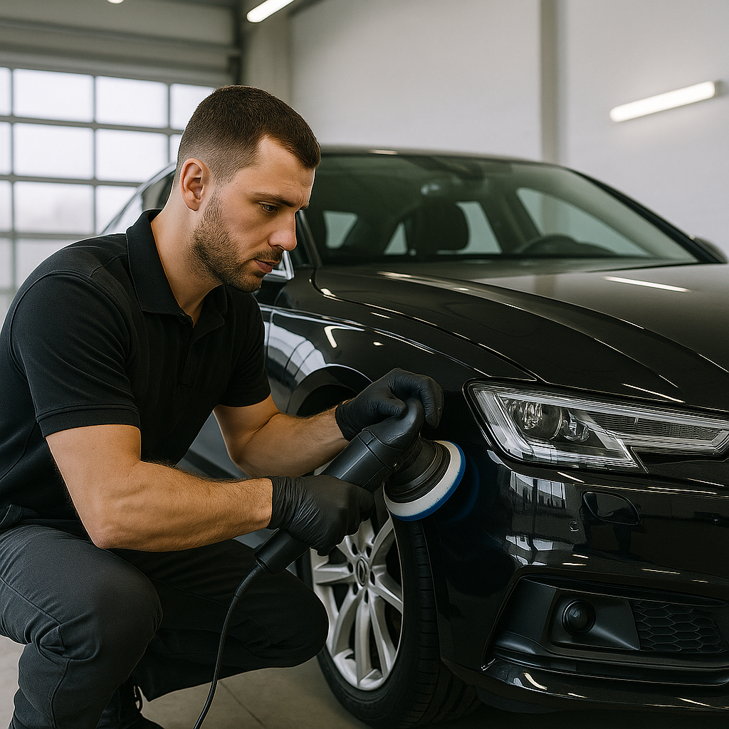 Auto detailer using a dual-action polisher on the fender of a black sedan inside a professional garage, performing exterior detailing for a high-gloss, protected finish.